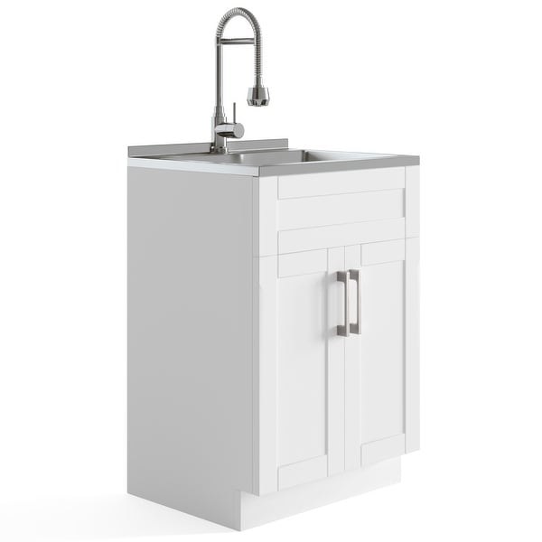 WYNDENHALL Hartland Contemporary 24 inch Laundry Cabinet with Faucet and Stainless Steel Sink - 23.6'' W x 52'' H x 19.7'' D. Opens flyout.