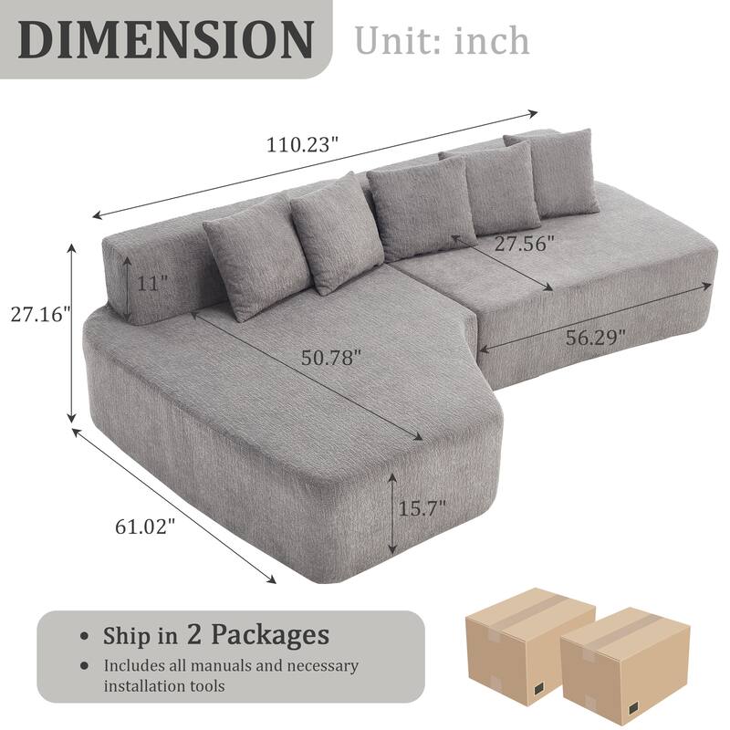 Irregular L-Shaped Modular Sectional Sofa with Chaise Lounge, Comfy Corduroy Deep Seat Cloud Couch, 3 Seat Sofa with 5 Pillows