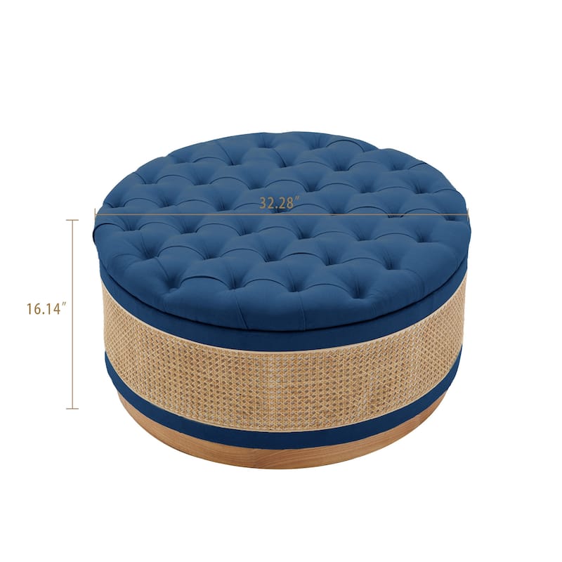 Linen & Rattan Round Storage Ottoman, Button-tufted Upholstery