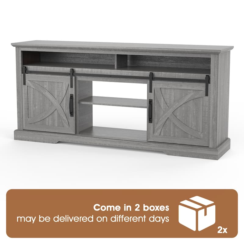 68" Farmhouse Grey Sliding Barn Door TV Stand with Storage Open Compartment