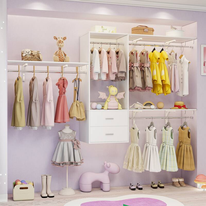 96'' W Wall-mounted Closet System with Storage Shelves and Hanging Rods,Adjustable Walk-in Closet Organizer System - Two Drawers - White