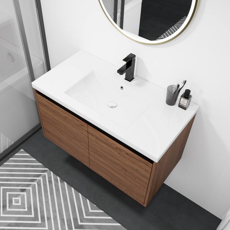 Fully Assembled Black 36 Inch Bathroom Vanity with Ceramic Countertop Sink, Oak 2 Doors Bathroom Cabinet Set