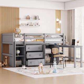 Twin Size Low Loft Bed With Pull-Out Desk, Storage Drawers, Cabinet and Shelves