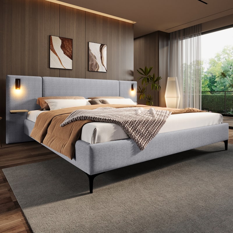 Christopher Knight Home - Elise Boucle Upholstered Bed with Integrated Lights and Shelves