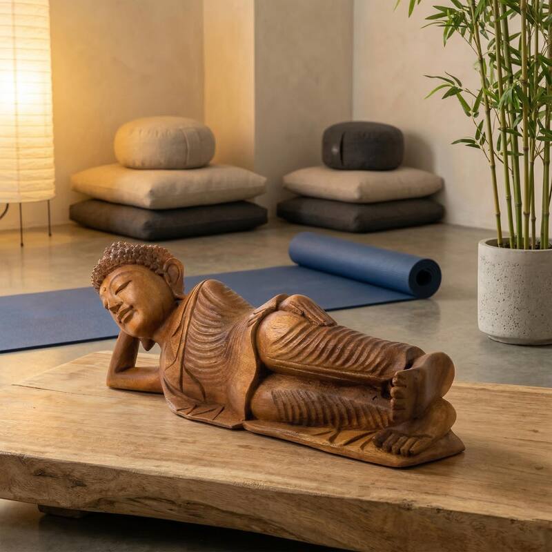 Wooden Hand Carved Serene Reclining Buddha Statue Sculpture Handmade Figurine Decorative Home Decor Accent Handcrafted