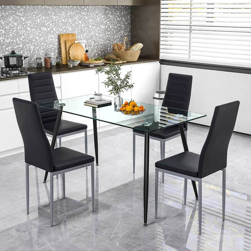 Gymax 5 PCS 51'' Rectangle Dining Set 0.3'' Thick Glass Table w/ 4