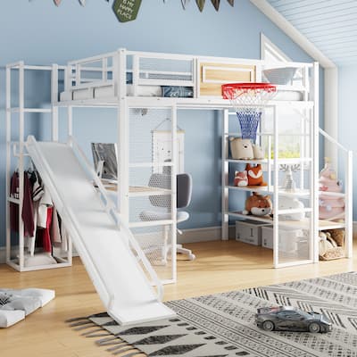 Roomfitters Full Metal Loft Bed with Desk, Slide, Staircase, Open Wardrobe and Basketball Hoop, White