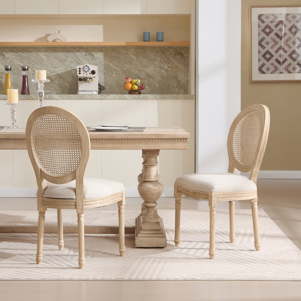 Dining Chairs Set of 2, Upholstered Chairs with Nature Rattan Round Back, Wire Drawing and Carving Techniques,Disassemblable