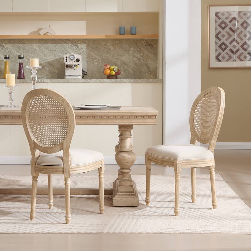 French Country Dining Chairs Set of 2, Upholstered Chairs with Nature Rattan Round Back, Wire drawing and carving techniques - Beige