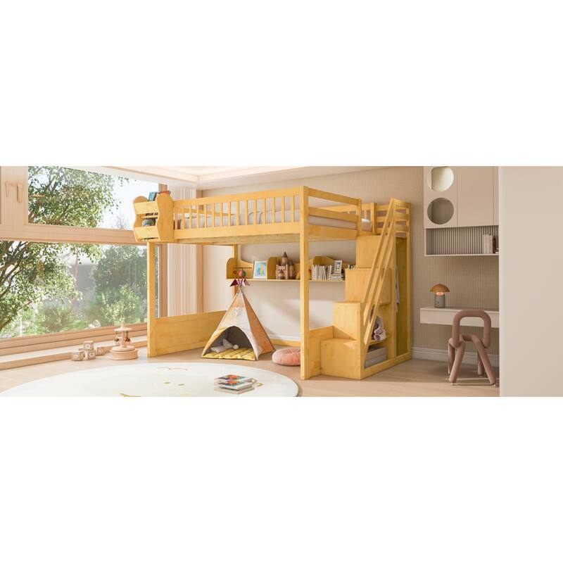 Roomfitters Queen Size Loft Bed with Wardrobe, Storage Staircase and Shelves