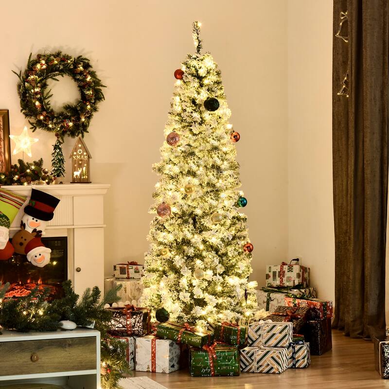 Pre-Lit Snow Flocked Artificial Christmas Tree with Warm LED Lights and Steel Base, Multiple Heights