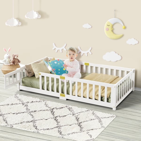 slide 2 of 9, Toddler Floor Bed, Montessori Floor Bed with Rails and Lockable Door White - Twin