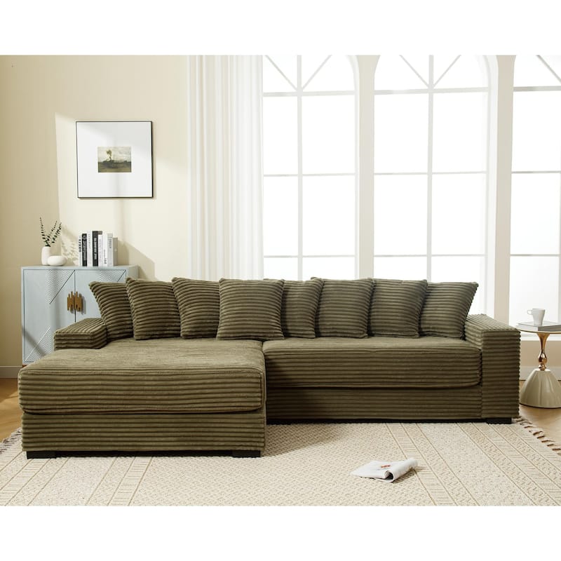 111" Corduroy Upholstered L-Shaped Sectional Sofa with Oversized Chaise Longue and 8 Throw Pillows