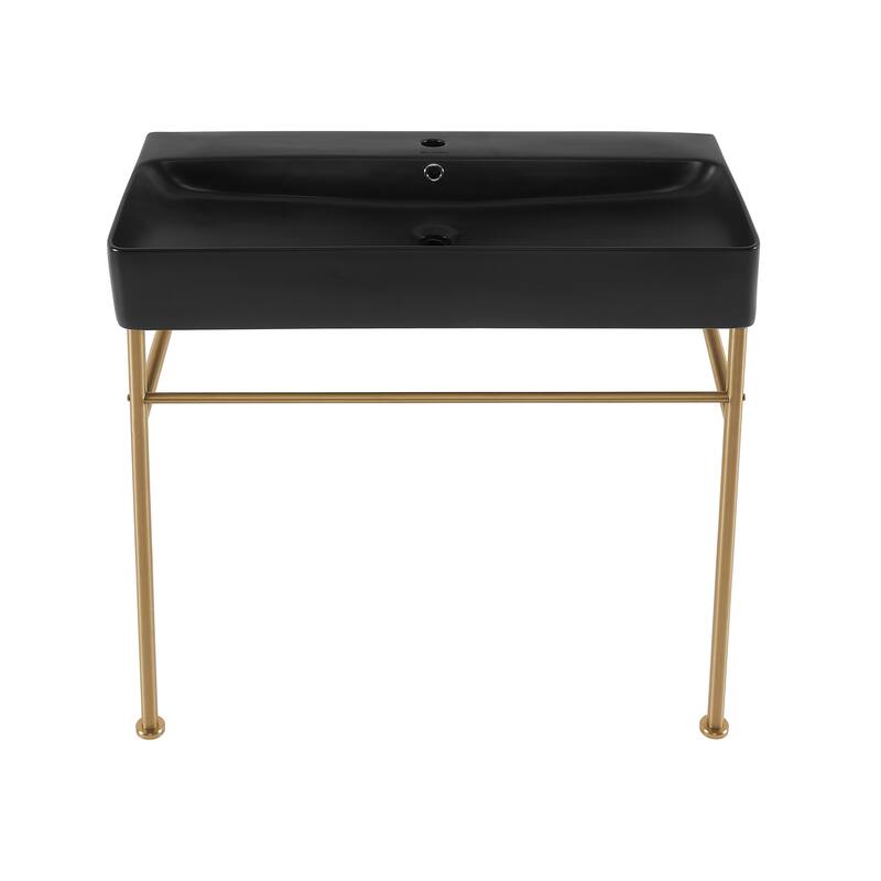 Charme 36 Ceramic Console Sink Matte Black Basin Brushed Gold Legs - 35.45" x 16.35" 35.45"