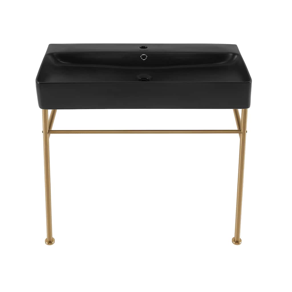 Charme 36 Ceramic Console Sink Matte Black Basin Brushed Gold Legs - 35.45" x 16.35" 35.45"