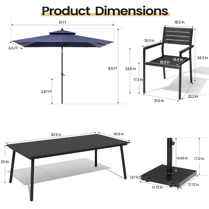 11PC Outdoor Patio Dining Set Aluminum Table with Stackable Armchairs w/ Premium Market Umbrella Sets