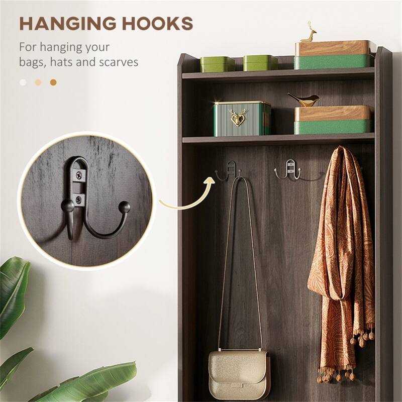 Modern Entryway Hall Tree with Bench Coat Rack Storage Cabinet and Adjustable Shelves - 23.5" W x 15.25" D x 72" H