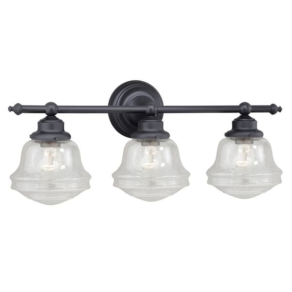slide 2 of 8, Huntley 3-Light 24 in. W Oil Rubbed Bronze Bathroom Vanity Lighting Fixture, Clear Seeded Schoolhouse Glass, LED Compatible 24-in W x 10-in H x 7-in D - Oil Rubbed Bronze