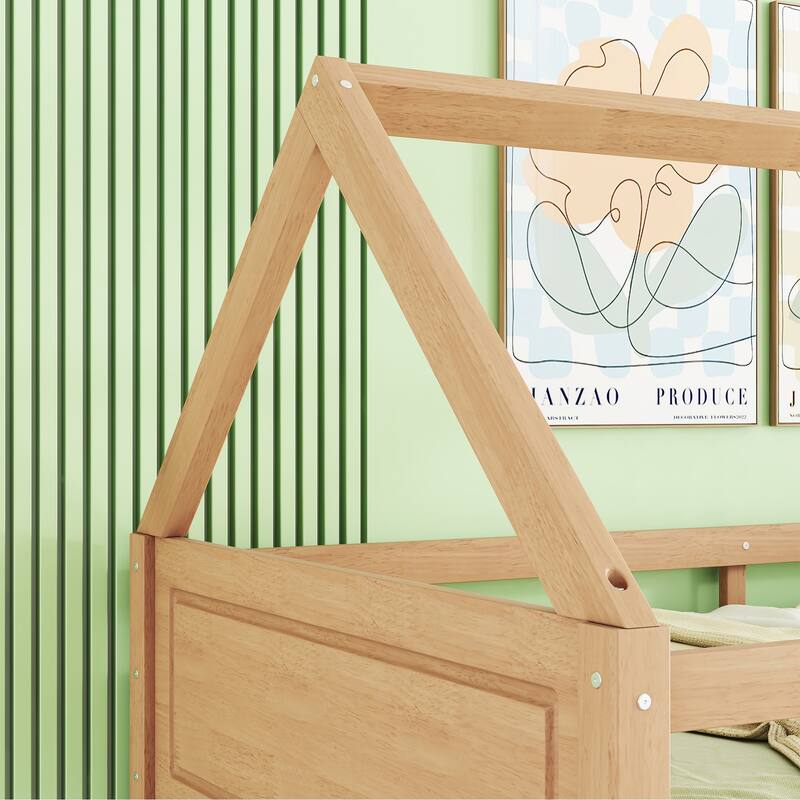 Twin Over Twin House Floor Bunk Bed with Headboards, Footboards, Guardrails, and Ladder, White Oak