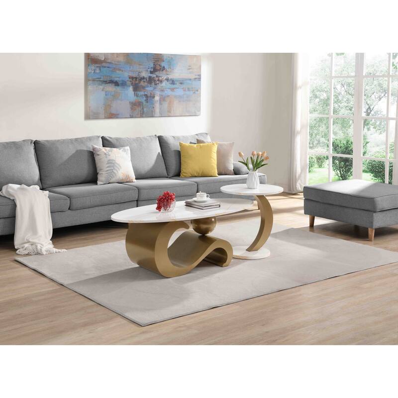 Nesting Coffee Table Set of 2, Round & Oval End Tables with faux marble Tabletop, Side Table