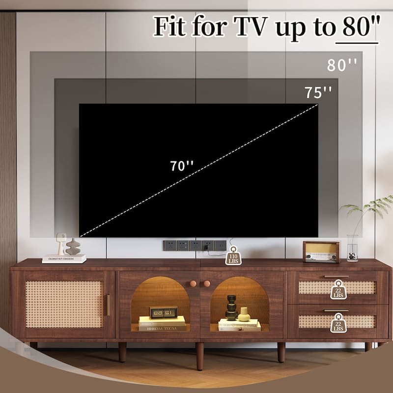70 inch TV Stand for TVs up to 80", Entertainment Center with App Controlled LED Lights, 2 Drawers & Glass Door Storage