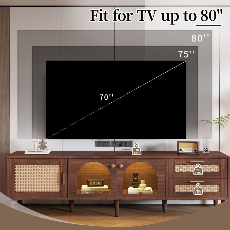 Roomfitters 70 Inch TV Stand for TVs up to 80 Inch, Modern Media Console with App-Controlled LED Lights & Glass Doors, Brown