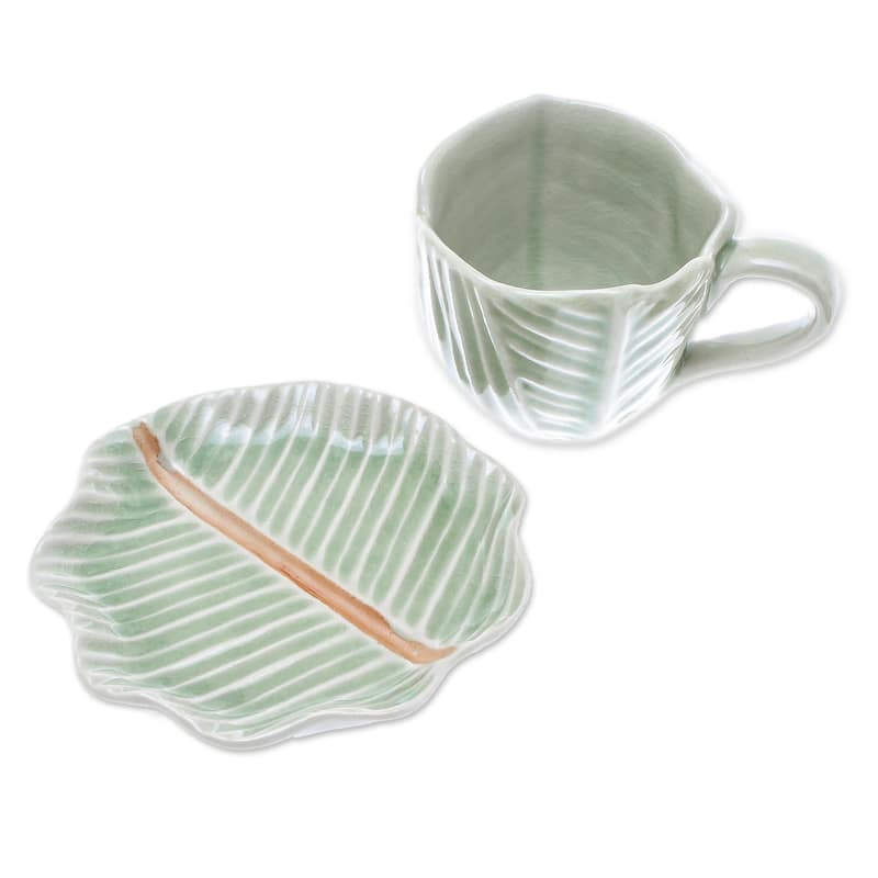 Novica Handmade Tea Leaf Celadon Ceramic Teacup And Saucer