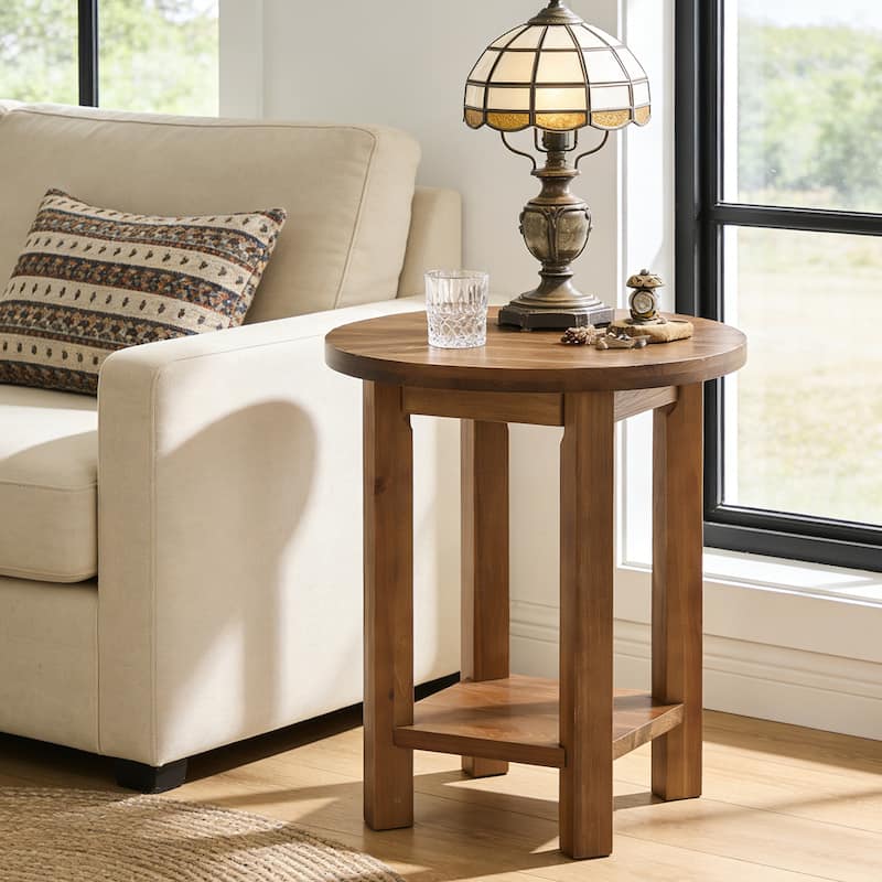 Solid Wood Round End Table with 2-Tier Storage Small Spaces - 2 Packs - Brown