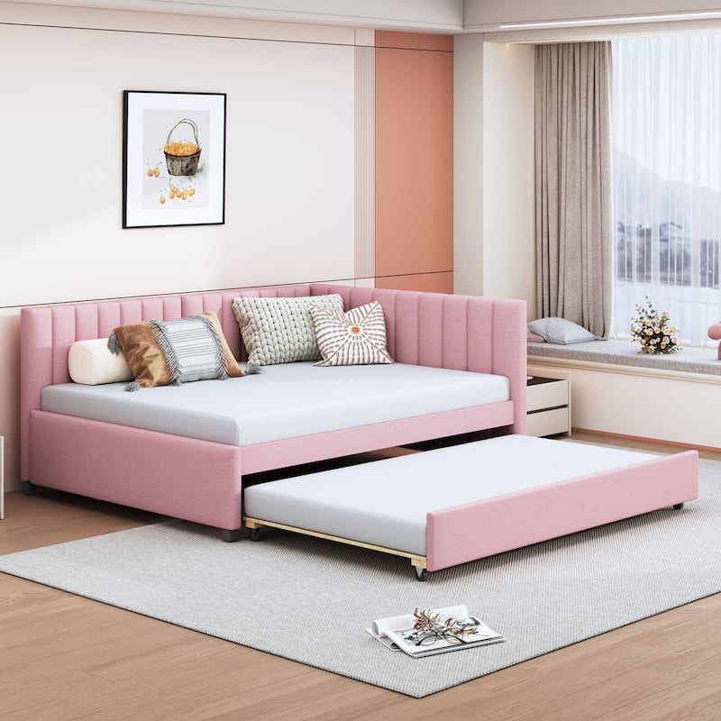 Full Size Upholstered Bed Frame with Trundle Sofa Bed Frame No Box Spring Needed,for Girls Boys Teens - Pink