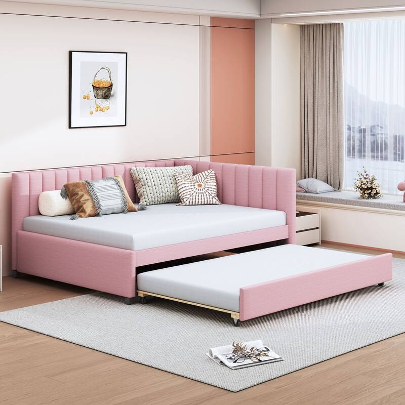 Full Size Upholstered Daybed with Trundle Sofa Bed Frame No Box Spring Needed, Linen Fabric