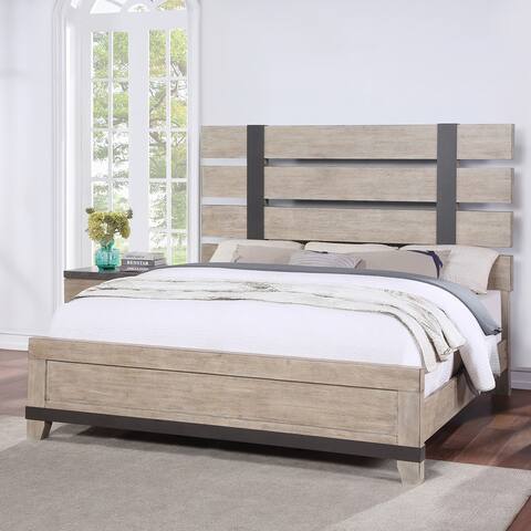 Roundhill Furniture Arbela Wood Slatted Panel Bed, Weathered Oak Finish