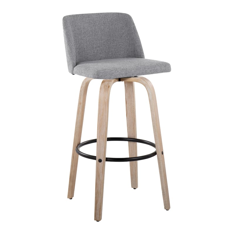 The Gray Barn Vallberga 30" Fixed-Height Bar Stool with White Washed Wood Base (Set of 2) - Grey Fabric/Black Round Footrest