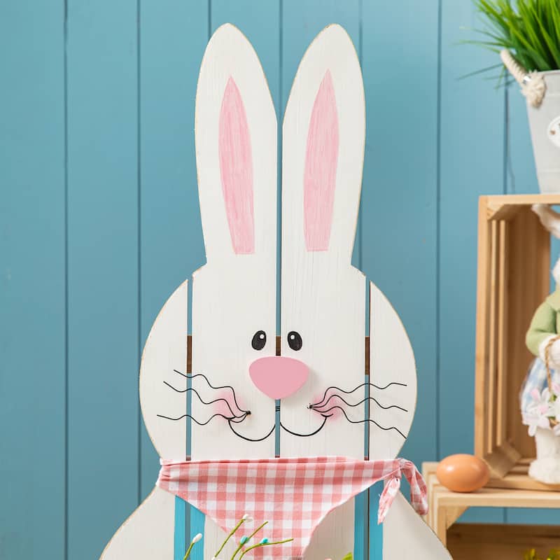 Glitzhome 30"H Easter Wooden Bunny Family Standing Porch Sign Decor with Wreath