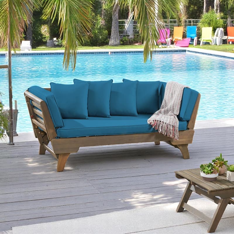 Outdoor Daybed Sofa, Acacia Wood Frame with Cushions, Expandable Design Patio Lounger for Garden, Balcony, Deck or Backyard