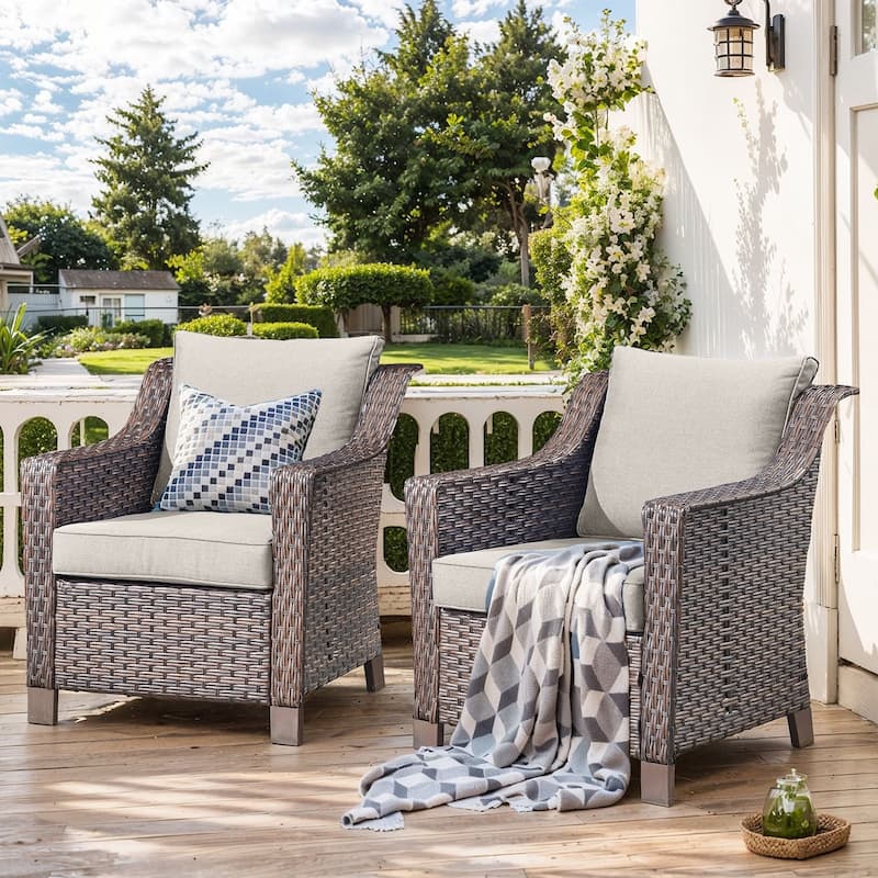 Outside Patio Sofa Chair Set with Cushions - Brwon Wicker Beige Cushion - 2PCS Patio Chair