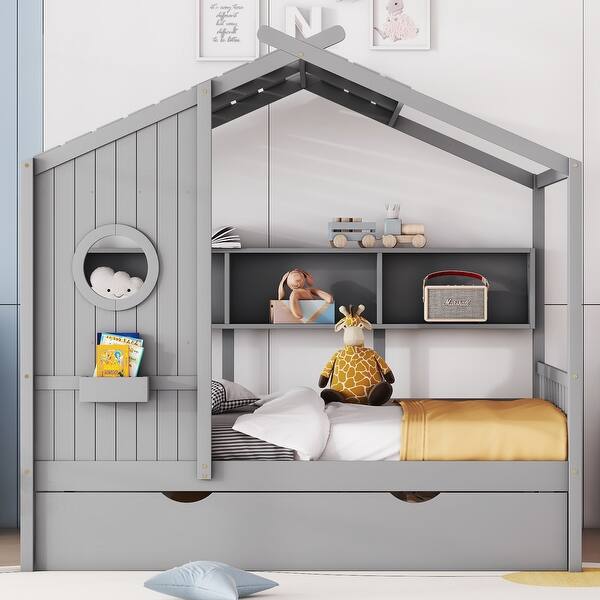 slide 2 of 13, Full Pine House Bed Bookcase Bed with Trundle Bed Storage Shlef, Grey