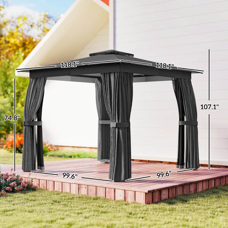Outsunny 10' x 10' Outdoor Patio Gazebo, Soft Top Gazebo Canopy Shelter with Double Roof, Curtains, Netting, Steel Frame