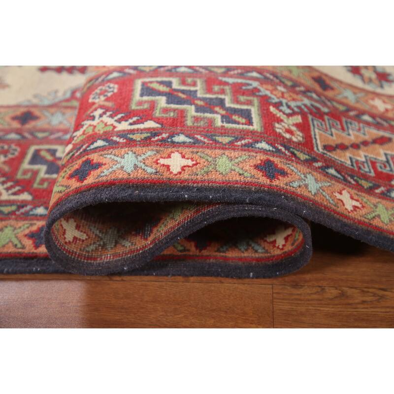 Hand Knotted Oriental 100% Wool Carpet Traditional Geometric Beige & Ivories Kazak Area Rug - 9' 10'' X 6' 5''