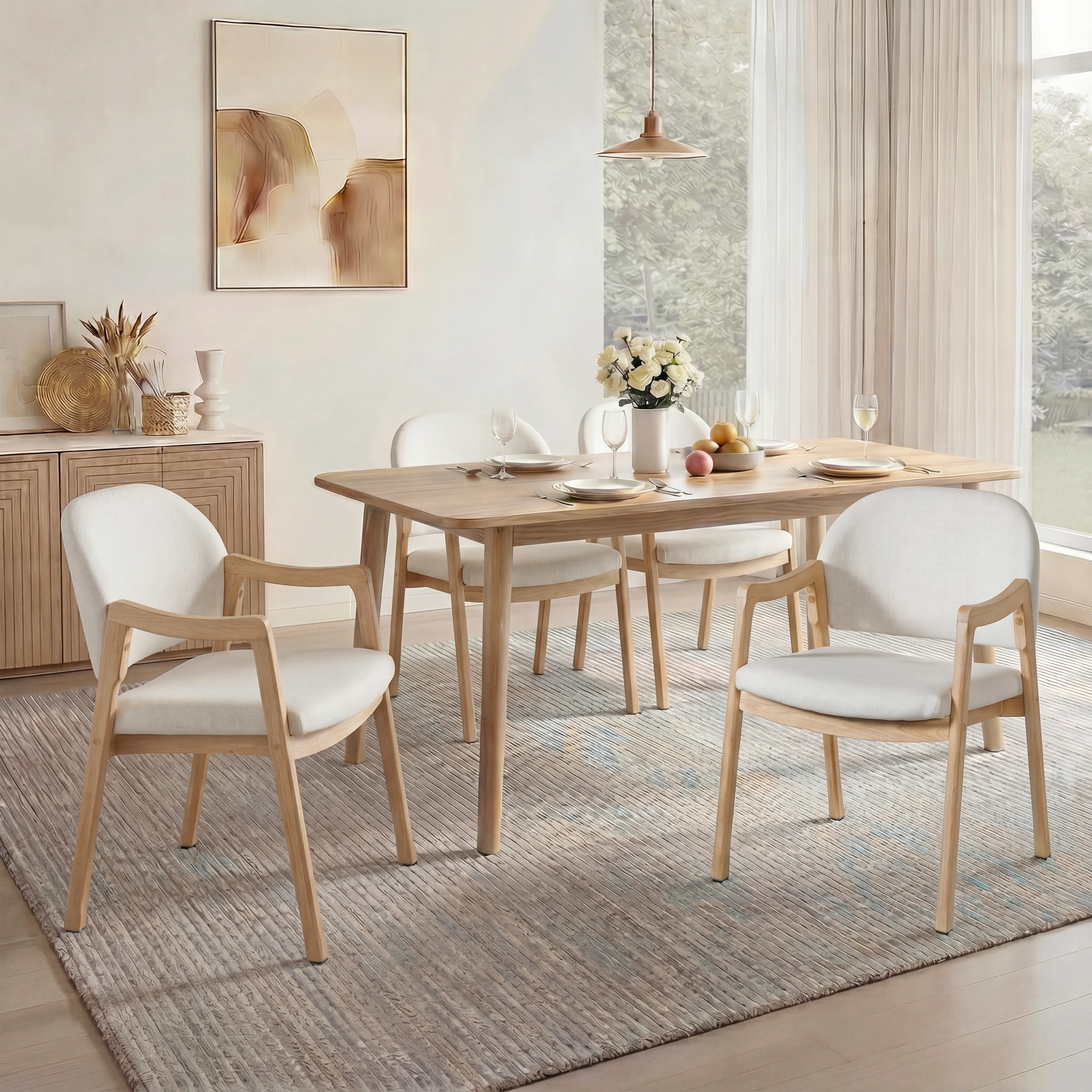 Christopher Knight Home - Set of 4 Mid-Century Modern Dining Chair with Upholstered Seat Curved Armrests and Rubber Wood Frame