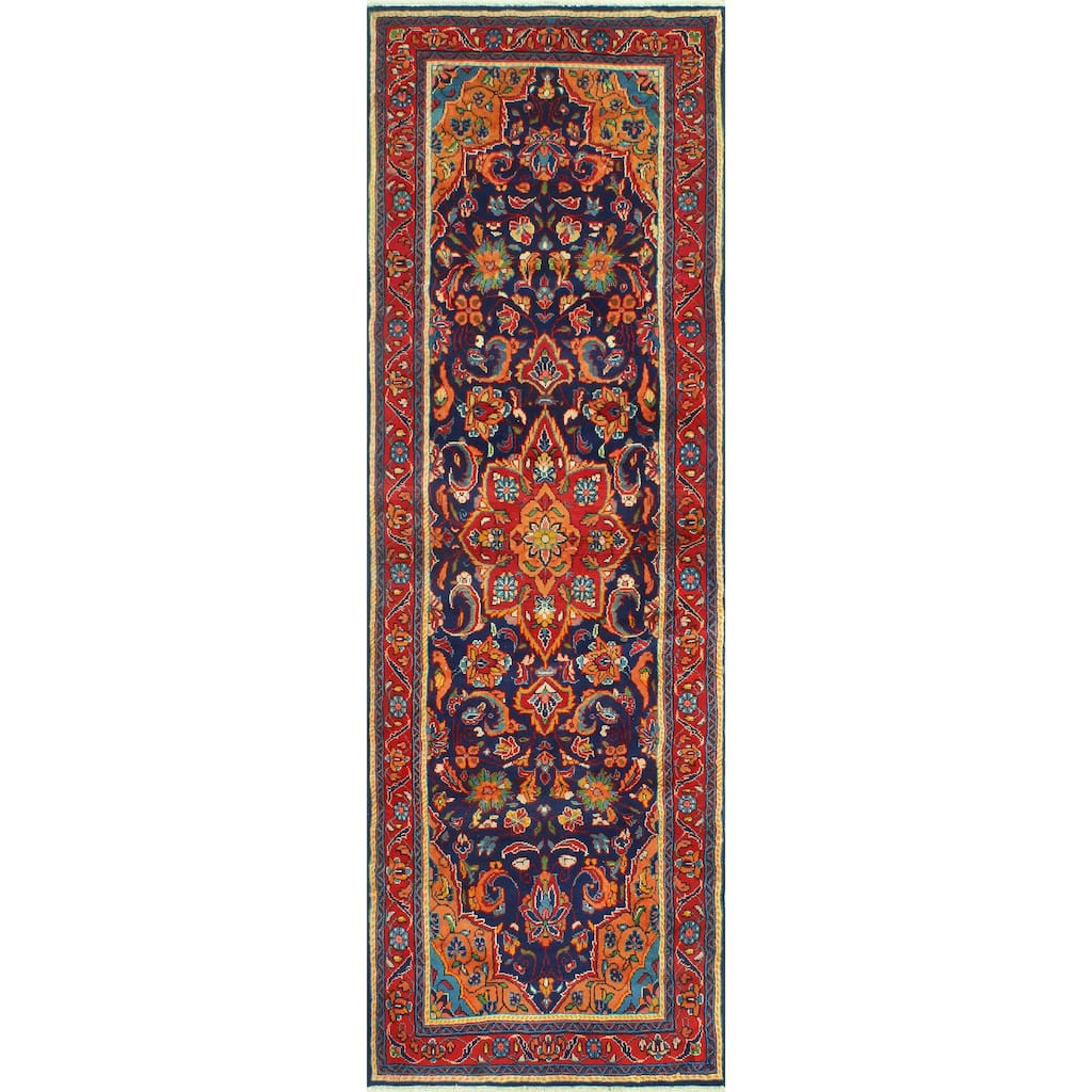 Fine Vintage Distressed Azfer Navy/Red Runner - 3'3" x 10'0"