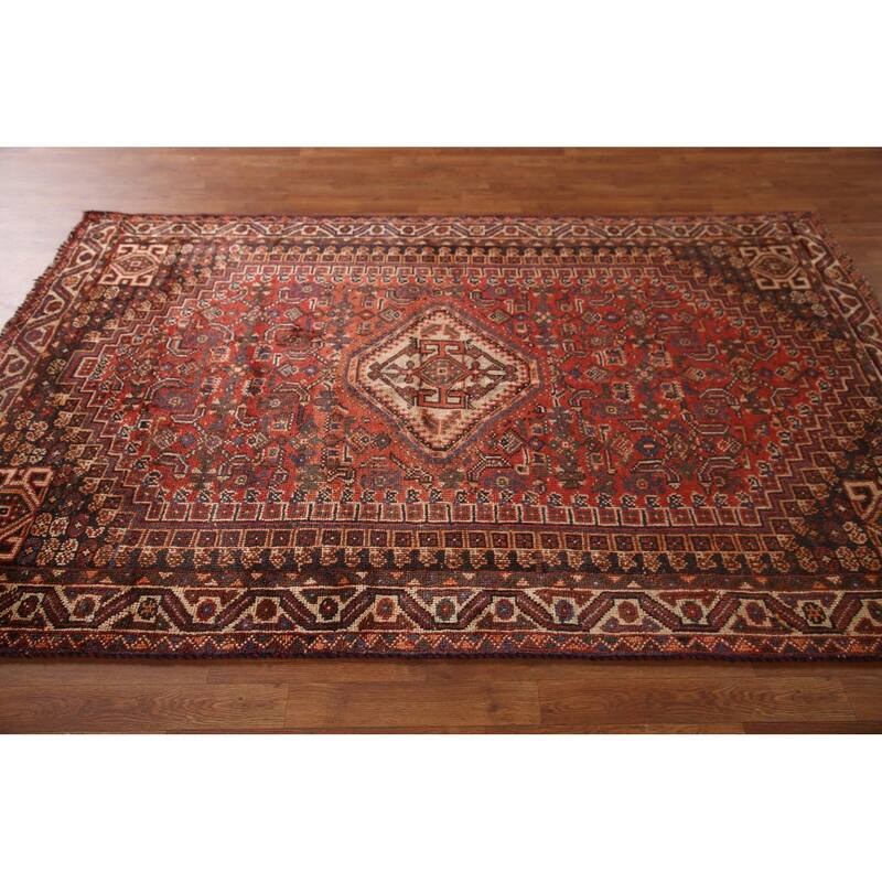 Tribal Orange Qashqai Persian Vintage Rug Hand-Knotted Wool Carpet - 5'4"x 8'0"