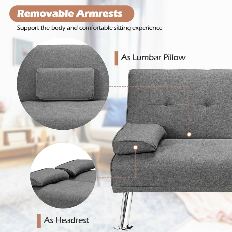 Gymax Fabric Folding Convertible Futon Sofa Bed with 2 Cup Holders - See Details