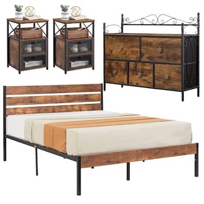 4-Pieces Bedroom Set with Drawer and Nightstands Set of 2, 5-Drawer Dresser, Brown/Grey Set