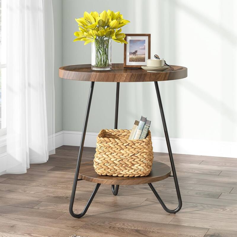 2-Tier Round Side Table, Wooden End Table with Metal Legs - wood