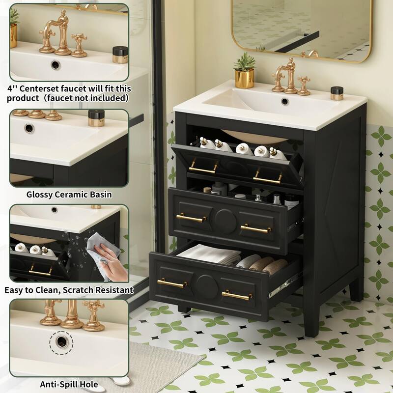 24" Bathroom Vanity with Ceramic Sink Combo, Free-Standing Single Vanity Set with 3 Drawers