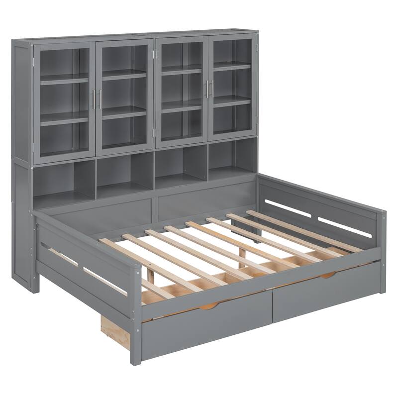 Full/Twin Size Daybed with Glass-Door Storage Cabinets, Built-in LED Lighting and Shelves