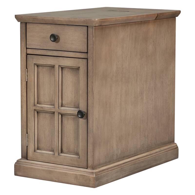 14" Vintage Rectangular Solid Wood End Table with USB Ports and One Multifunctional Drawer