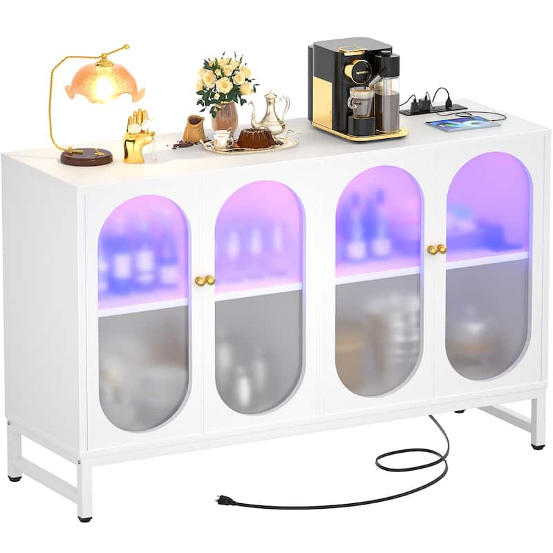Modern Farmhouse Black Sideboard Buffet with USB Port, Black Storage Bar Cabinet with LED Light