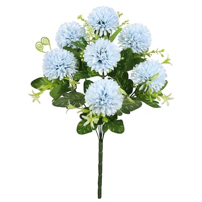 Set of 3 Light Blue Artificial Pom Pom Mum Flower Stem Bush Bouquet 16in - 16" L x 8" W x 8" DP