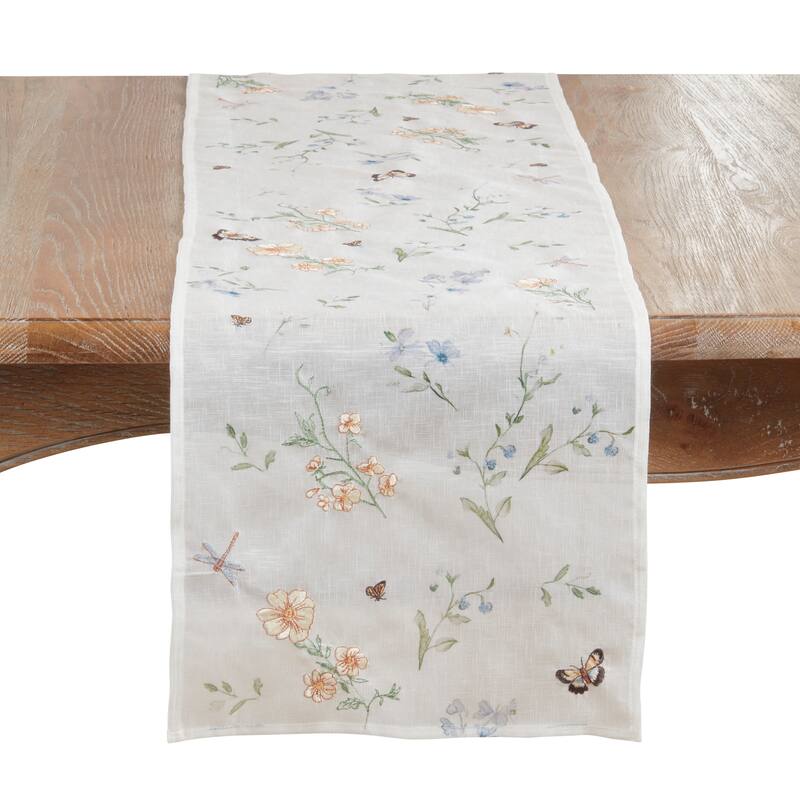 Sheer Floral & Butterfly Printed Table Runner with Soft Botanical Motif and Lightweight Decorative Finish, 14"x72" - 14"x72" - Natural